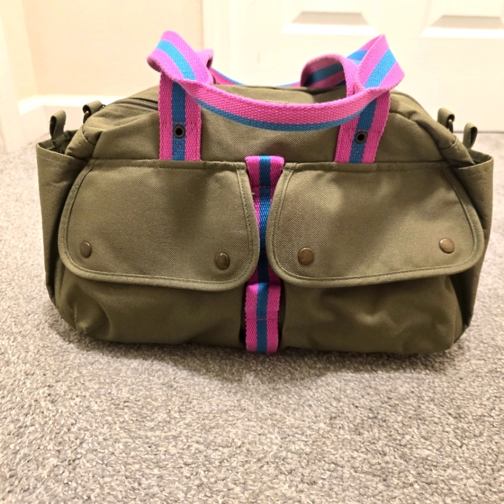 Ralph Lauren Messenger Bag Army Green Canvas Pink Stripes Travel Vacation